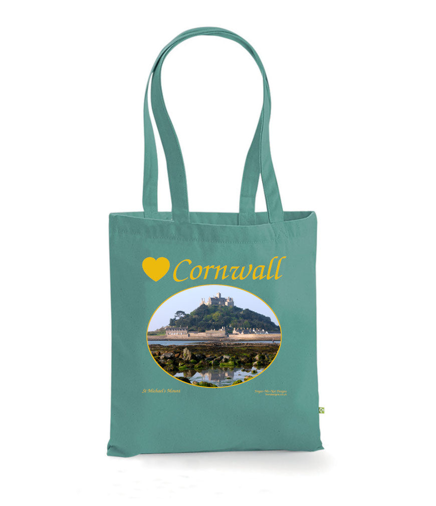 Love Cornwall Tote Bag, Long Handled Shopper, printed with images of Cornish seascapes, landscapes, historic sites, natural features