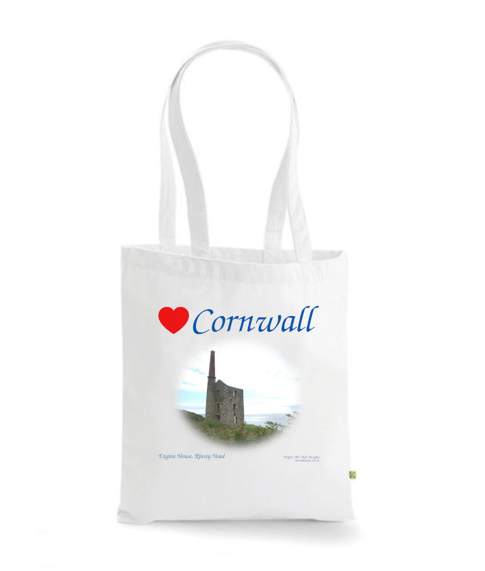 Love Cornwall Tote Bag, Long Handled Shopper, printed with images of Cornish seascapes, landscapes, historic sites, natural features