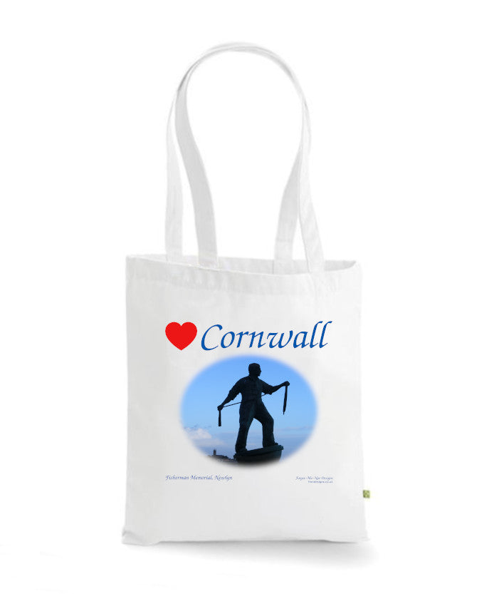Love Cornwall Tote Bag, Long Handled Shopper, printed with images of Cornish seascapes, landscapes, historic sites, natural features