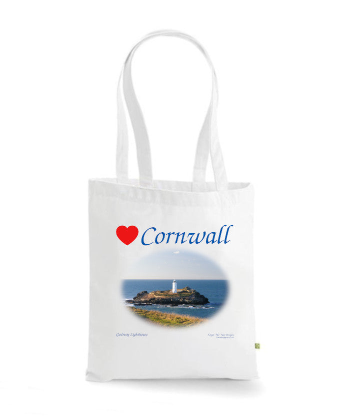Love Cornwall Tote Bag, Long Handled Shopper, printed with images of Cornish seascapes, landscapes, historic sites, natural features