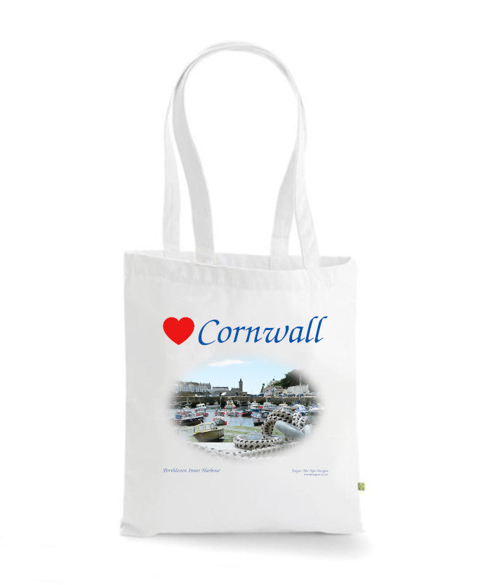 Love Cornwall Tote Bag, Long Handled Shopper, printed with images of Cornish seascapes, landscapes, historic sites, natural features