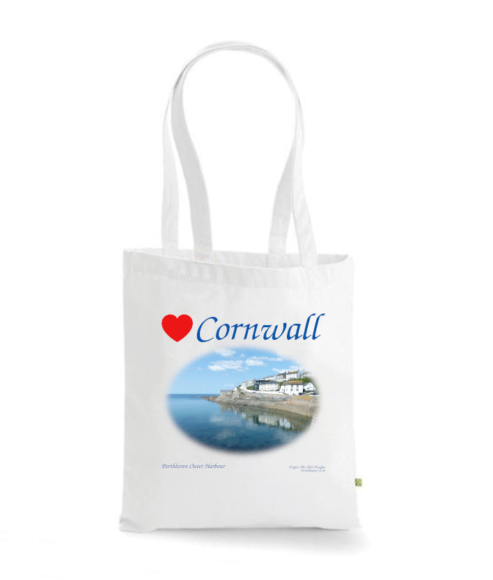 Love Cornwall Tote Bag, Long Handled Shopper, printed with images of Cornish seascapes, landscapes, historic sites, natural features