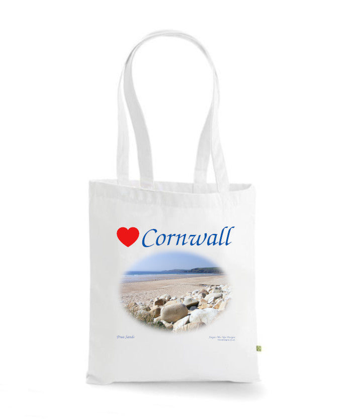 Love Cornwall Tote Bag, Long Handled Shopper, printed with images of Cornish seascapes, landscapes, historic sites, natural features