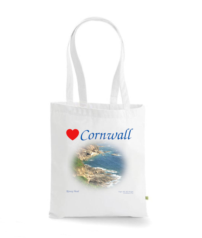 Love Cornwall Tote Bag, Long Handled Shopper, printed with images of Cornish seascapes, landscapes, historic sites, natural features