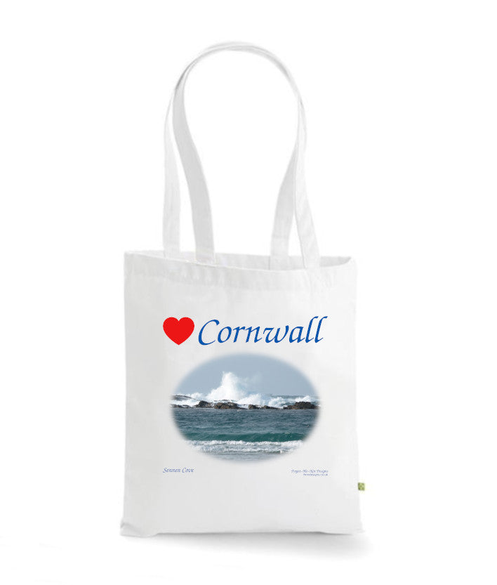 Love Cornwall Tote Bag, Long Handled Shopper, printed with images of Cornish seascapes, landscapes, historic sites, natural features