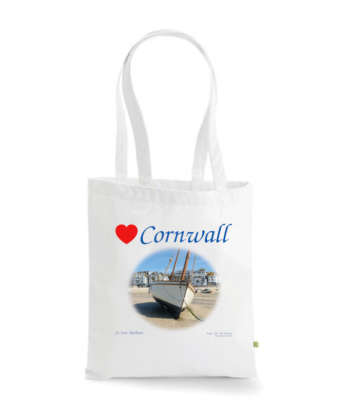 Love Cornwall Tote Bag, Long Handled Shopper, printed with images of Cornish seascapes, landscapes, historic sites, natural features