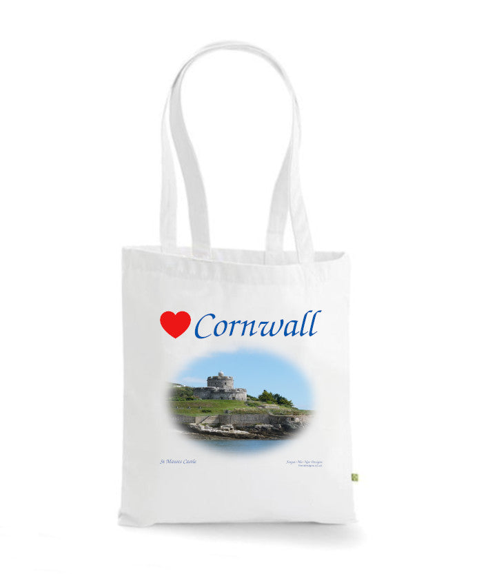 Love Cornwall Tote Bag, Long Handled Shopper, printed with images of Cornish seascapes, landscapes, historic sites, natural features