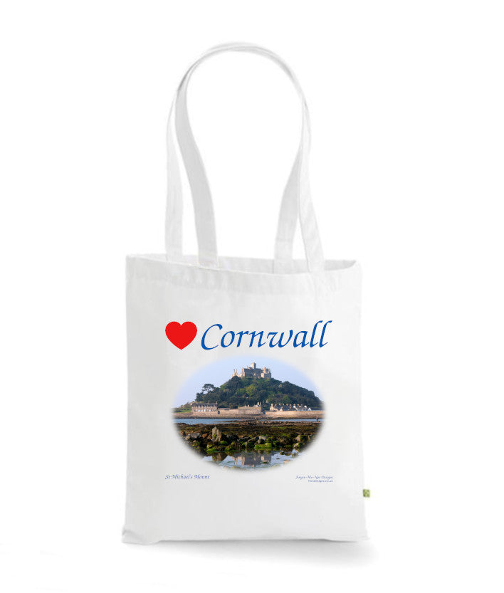 Love Cornwall Tote Bag, Long Handled Shopper, printed with images of Cornish seascapes, landscapes, historic sites, natural features