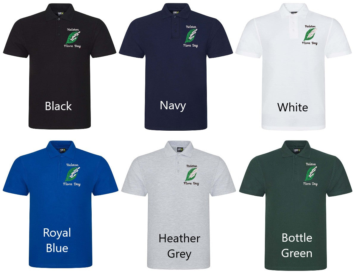 Flora Day polo shirt embroidered with Lily of the Valley emblem