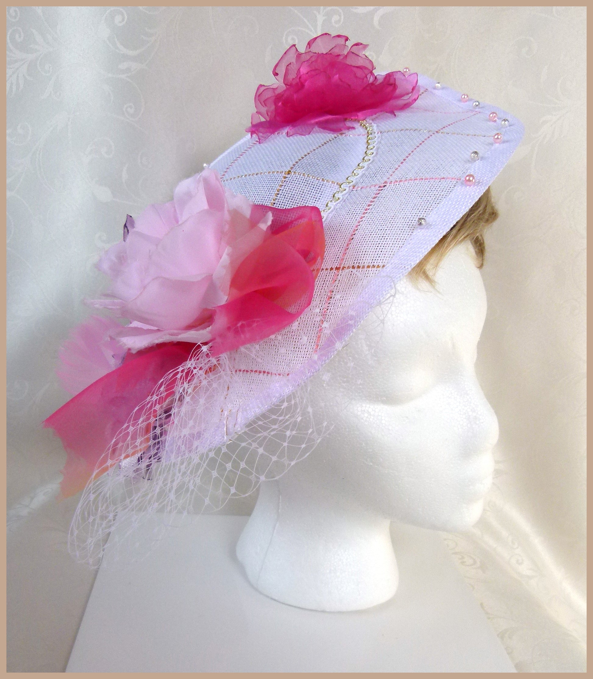 White Hatinator with Pink Flowers, Bow, White Veiling and White/Gold Braid