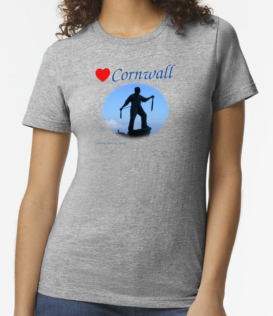 Love Cornwall (Grey ladies fit] T-Shirt printed with images of Cornish seascapes, landscapes, historic sites, natural features