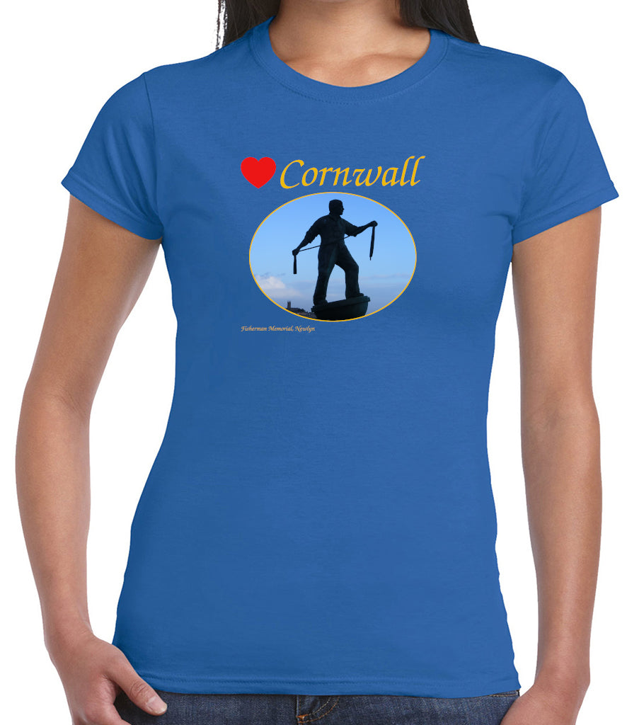 Love Cornwall (Royal Blue ladies fit] T-Shirt printed with images of Cornish seascapes, landscapes, historic sites, natural features