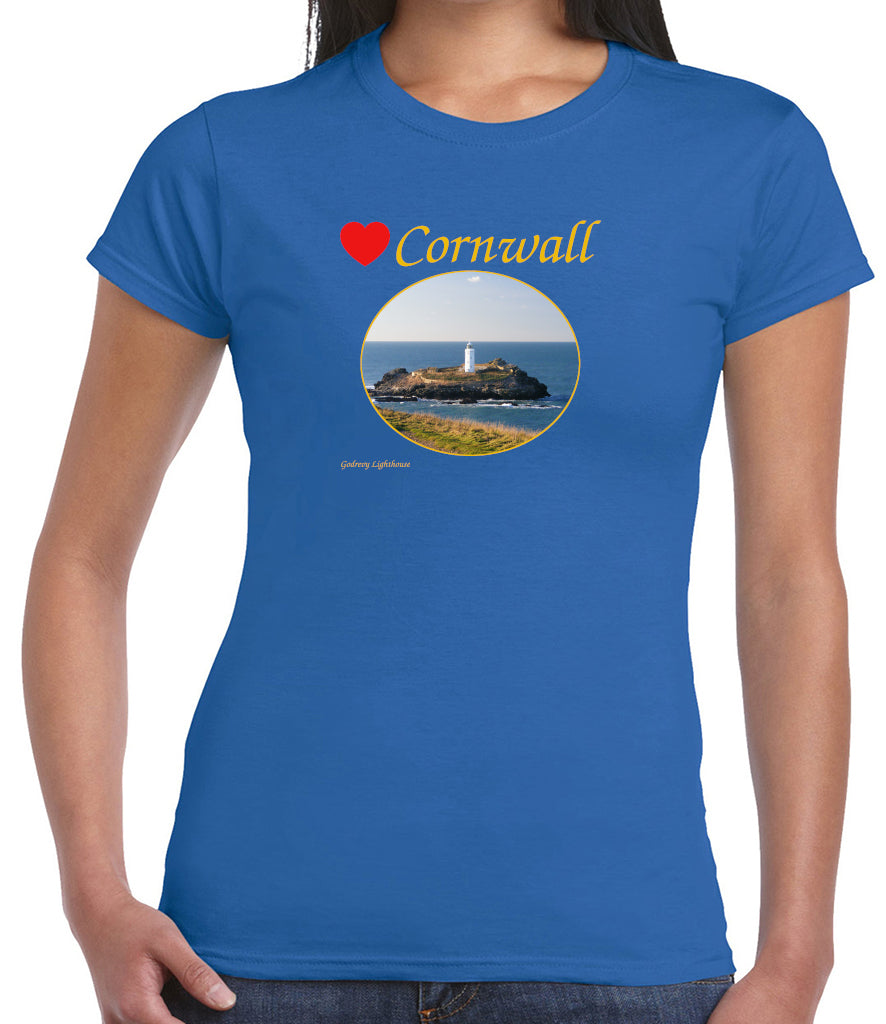 Love Cornwall (Royal Blue ladies fit] T-Shirt printed with images of Cornish seascapes, landscapes, historic sites, natural features