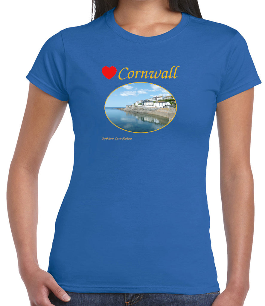 Love Cornwall (Royal Blue ladies fit] T-Shirt printed with images of Cornish seascapes, landscapes, historic sites, natural features