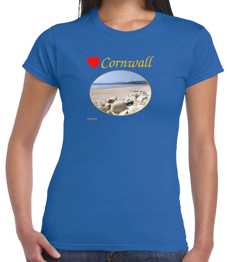 Love Cornwall (Royal Blue ladies fit] T-Shirt printed with images of Cornish seascapes, landscapes, historic sites, natural features