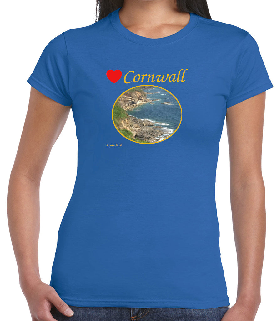 Love Cornwall (Royal Blue ladies fit] T-Shirt printed with images of Cornish seascapes, landscapes, historic sites, natural features