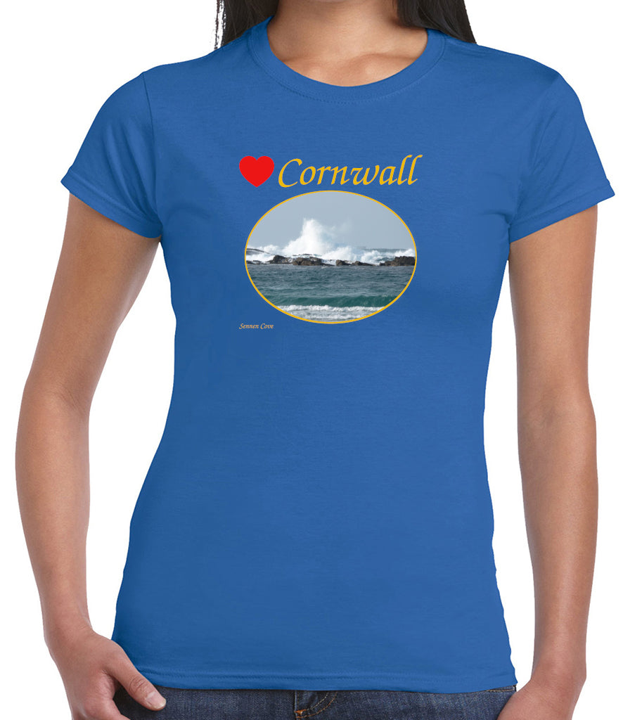 Love Cornwall (Royal Blue ladies fit] T-Shirt printed with images of Cornish seascapes, landscapes, historic sites, natural features
