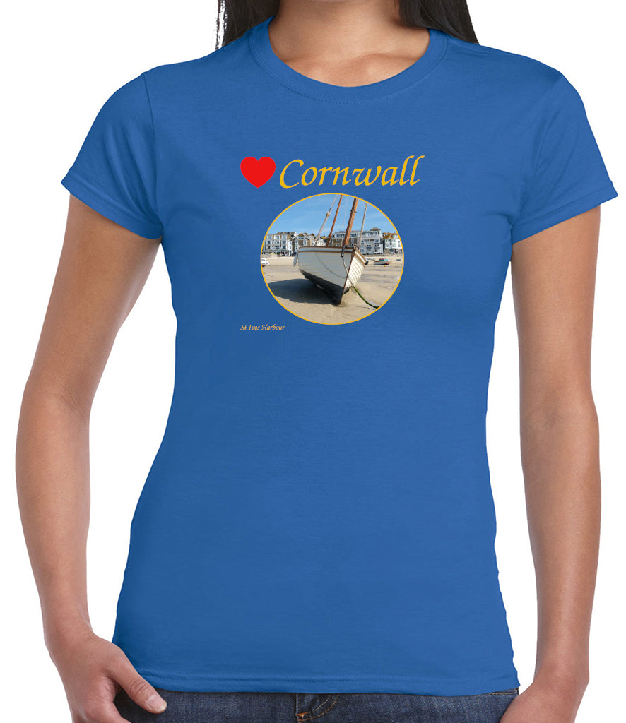 Love Cornwall (Royal Blue ladies fit] T-Shirt printed with images of Cornish seascapes, landscapes, historic sites, natural features