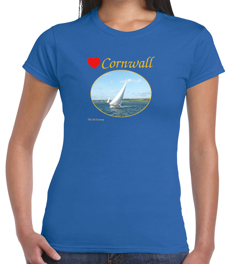 Love Cornwall (Royal Blue ladies fit] T-Shirt printed with images of Cornish seascapes, landscapes, historic sites, natural features