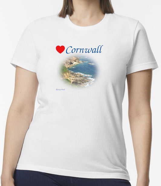 Love Cornwall (White ladies fit] T-Shirt printed with images of Cornish seascapes, landscapes, historic sites, natural features