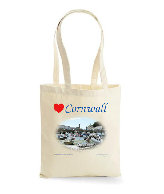 Love Cornwall Tote Bag, Long Handled Shopper, printed with images of Cornish seascapes, landscapes, historic sites, natural features