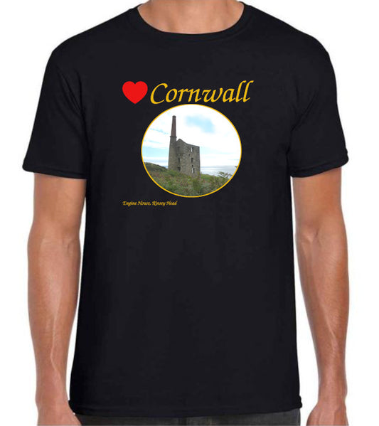 Love Cornwall [Black] T-Shirt printed with images of Cornish seascapes, landscapes, historic sites, natural features