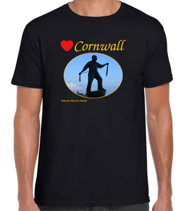 Love Cornwall [Black] T-Shirt printed with images of Cornish seascapes, landscapes, historic sites, natural features