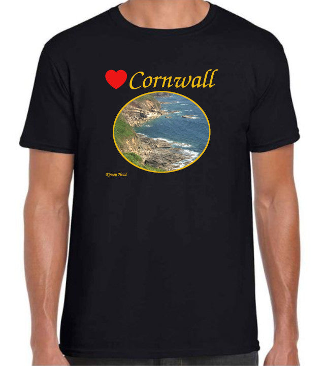 Love Cornwall [Black] T-Shirt printed with images of Cornish seascapes, landscapes, historic sites, natural features