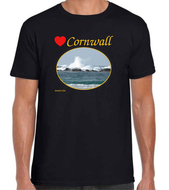 Love Cornwall [Black] T-Shirt printed with images of Cornish seascapes, landscapes, historic sites, natural features