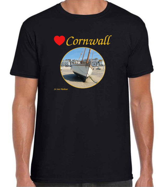 Love Cornwall [Black] T-Shirt printed with images of Cornish seascapes, landscapes, historic sites, natural features