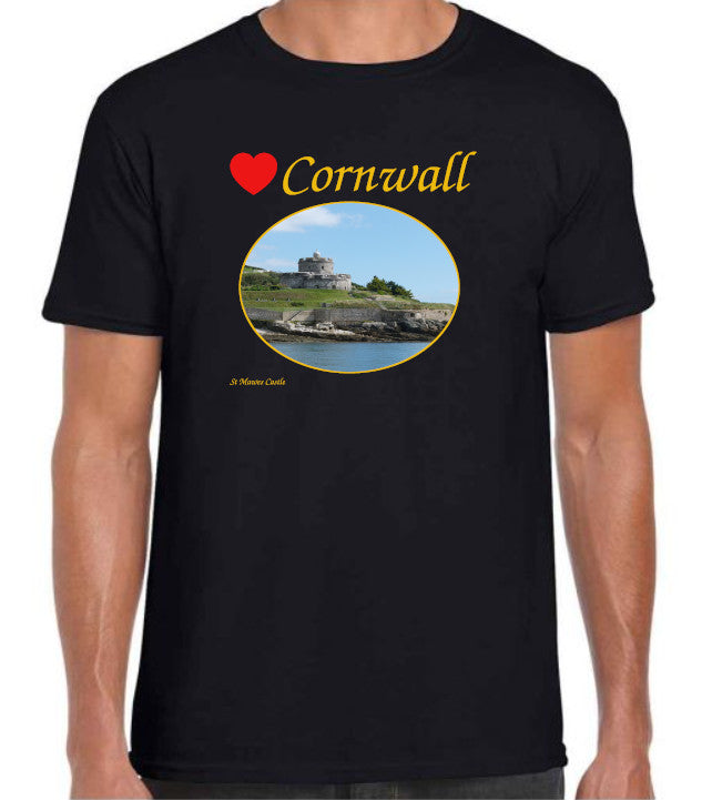 Love Cornwall [Black] T-Shirt printed with images of Cornish seascapes, landscapes, historic sites, natural features