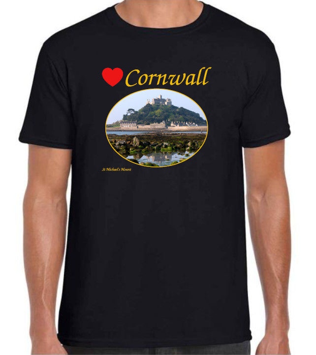 Love Cornwall [Black] T-Shirt printed with images of Cornish seascapes, landscapes, historic sites, natural features