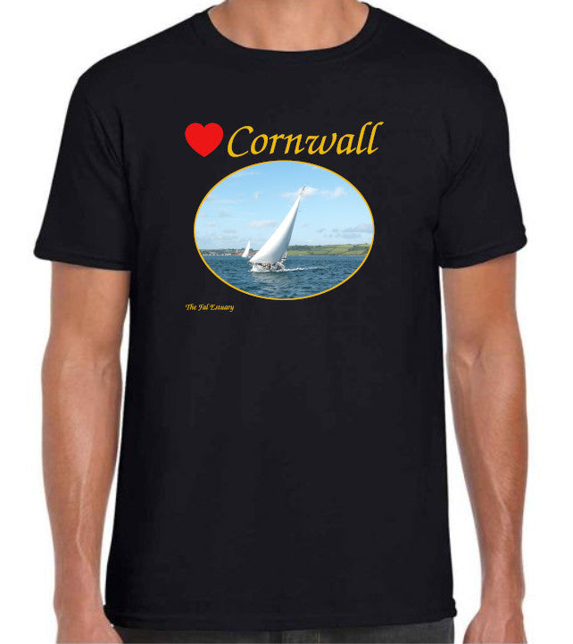Love Cornwall [Black] T-Shirt printed with images of Cornish seascapes, landscapes, historic sites, natural features