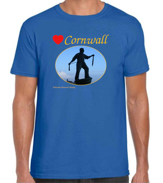 Love Cornwall [Royal Blue] T-Shirt printed with images of Cornish seascapes, landscapes, historic sites, natural features