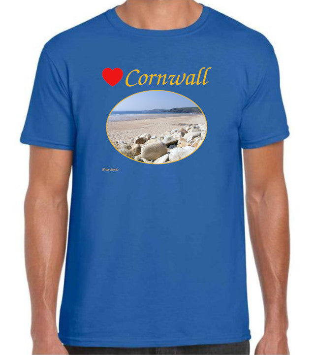 Love Cornwall [Royal Blue] T-Shirt printed with images of Cornish seascapes, landscapes, historic sites, natural features