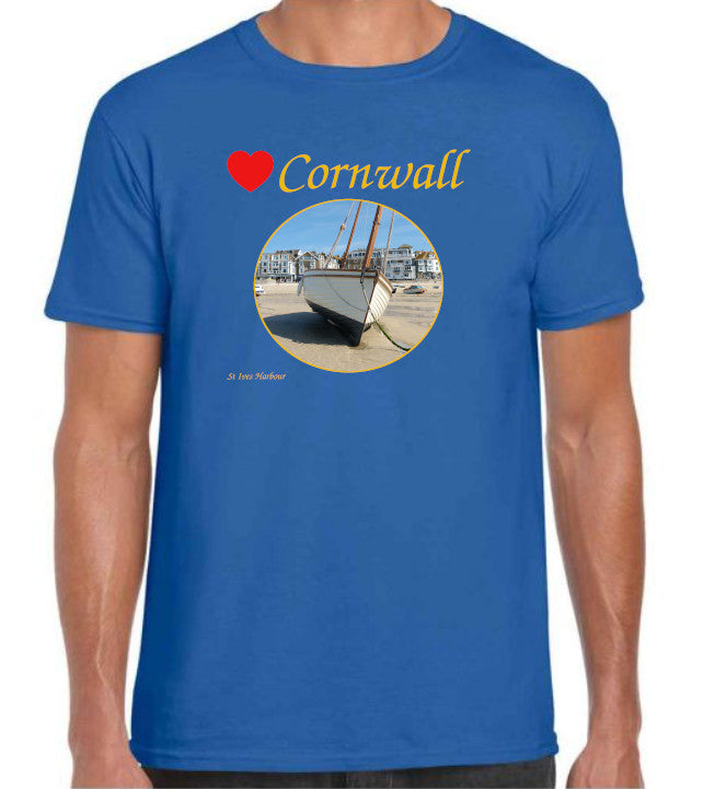 Love Cornwall [Royal Blue] T-Shirt printed with images of Cornish seascapes, landscapes, historic sites, natural features