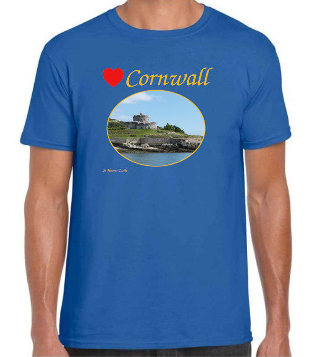 Love Cornwall [Royal Blue] T-Shirt printed with images of Cornish seascapes, landscapes, historic sites, natural features