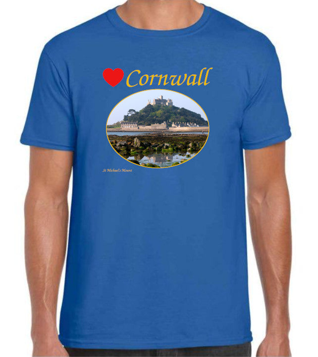 Love Cornwall [Royal Blue] T-Shirt printed with images of Cornish seascapes, landscapes, historic sites, natural features