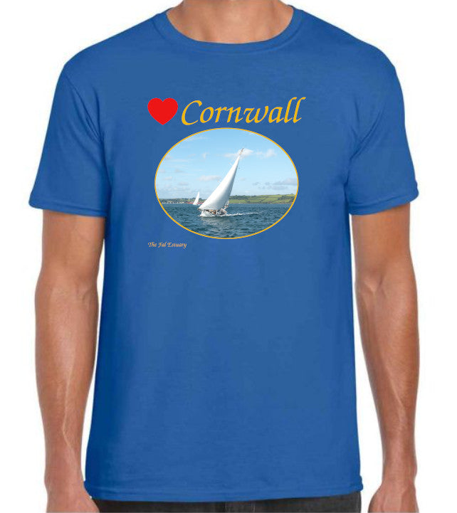 Love Cornwall [Royal Blue] T-Shirt printed with images of Cornish seascapes, landscapes, historic sites, natural features