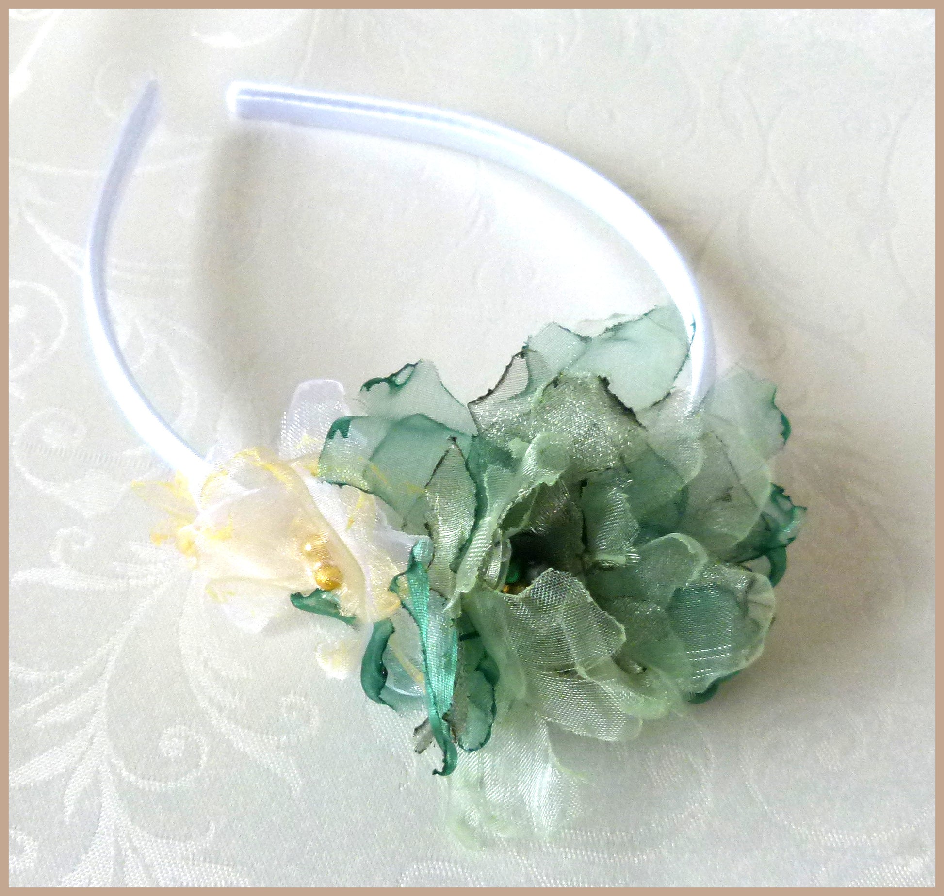 White Satin-Covered Alice Band with Three Green/Cream Beaded Organza Flowers