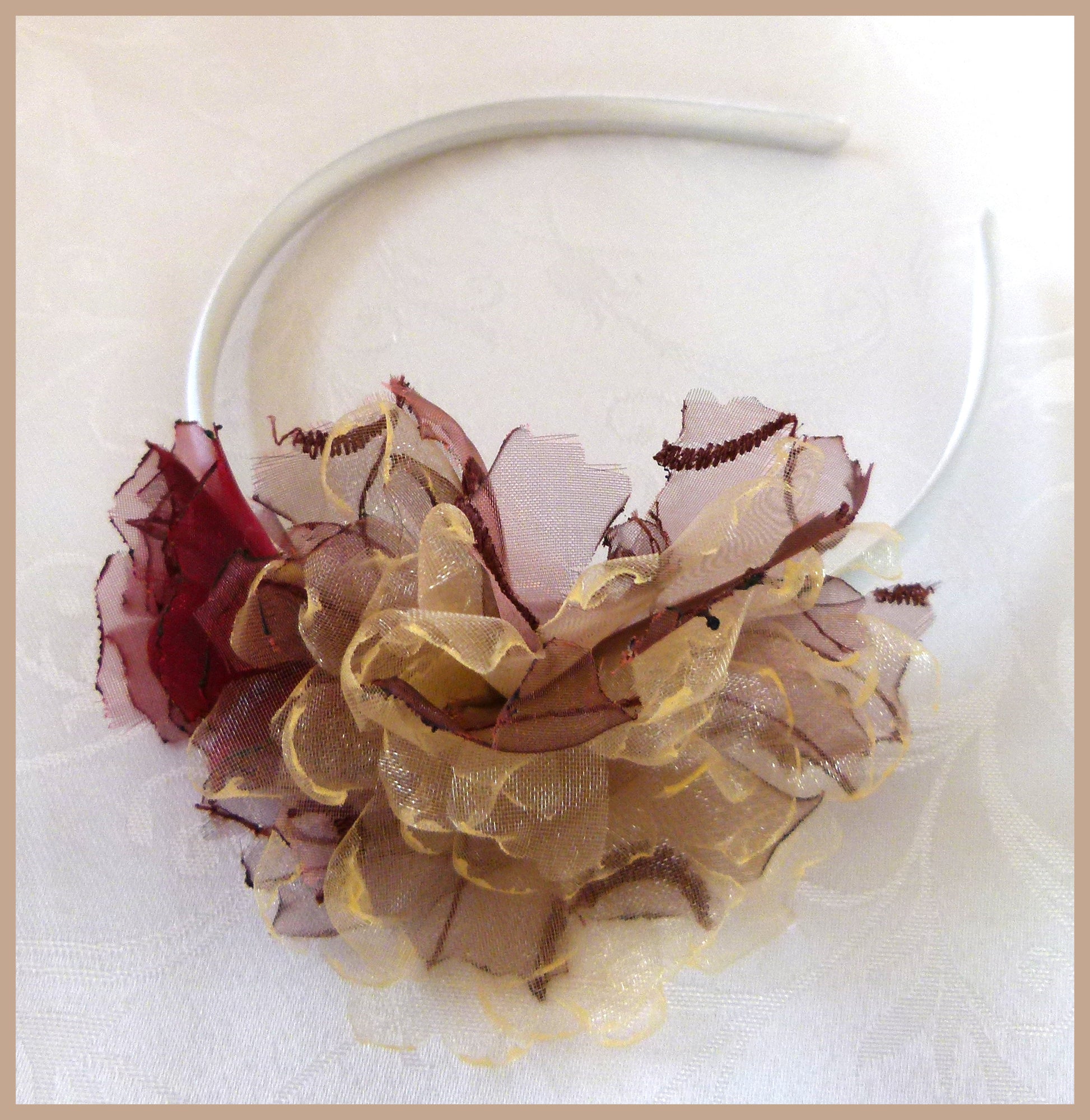 Ivory Satin-Covered Alice Band with Maroon and Cream/Brown Beaded Organza Flowers