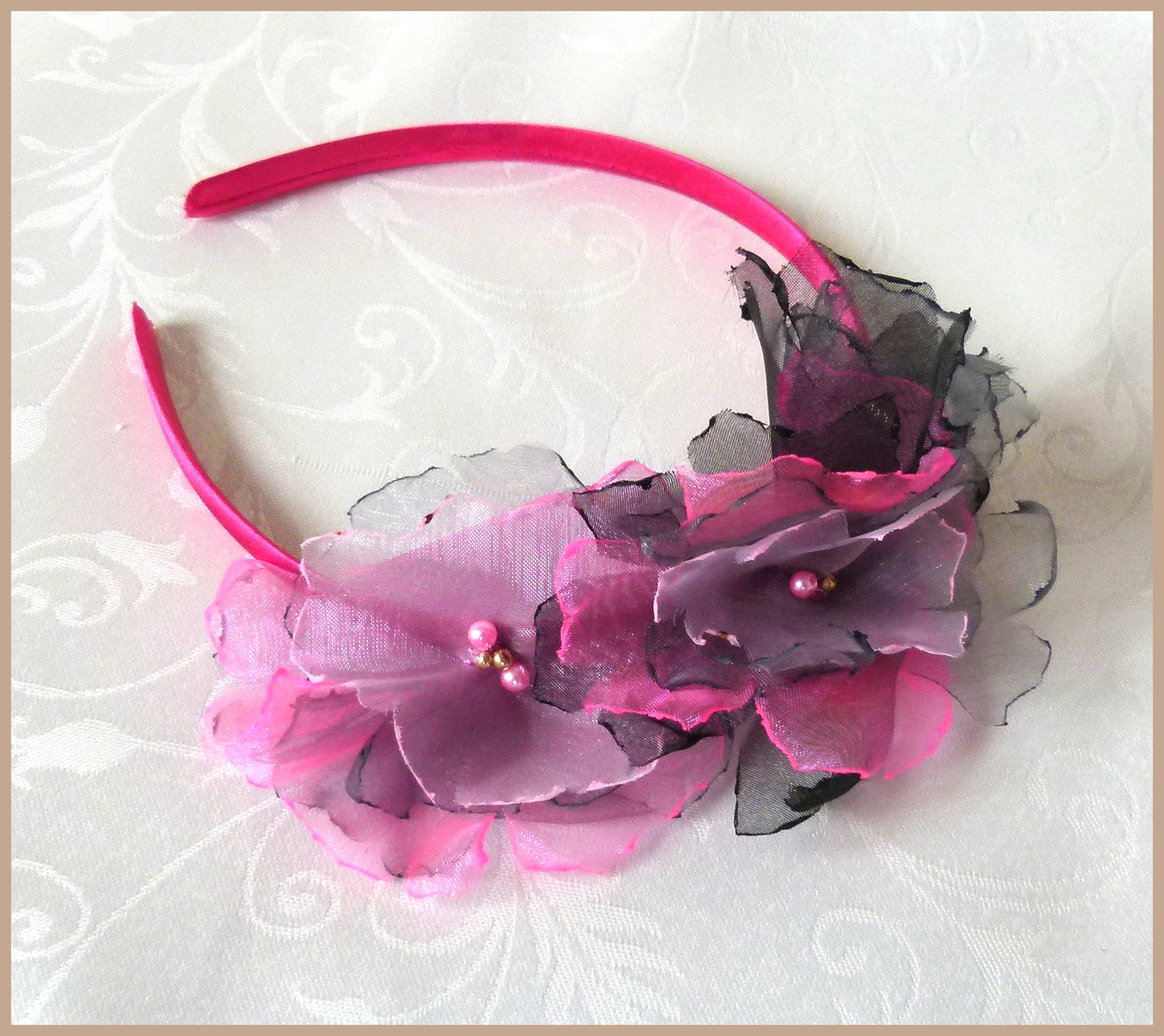 Fuschia Pink Satin-Covered Alice Band with Three Pink/Grey/Black Beaded Organza Flowers