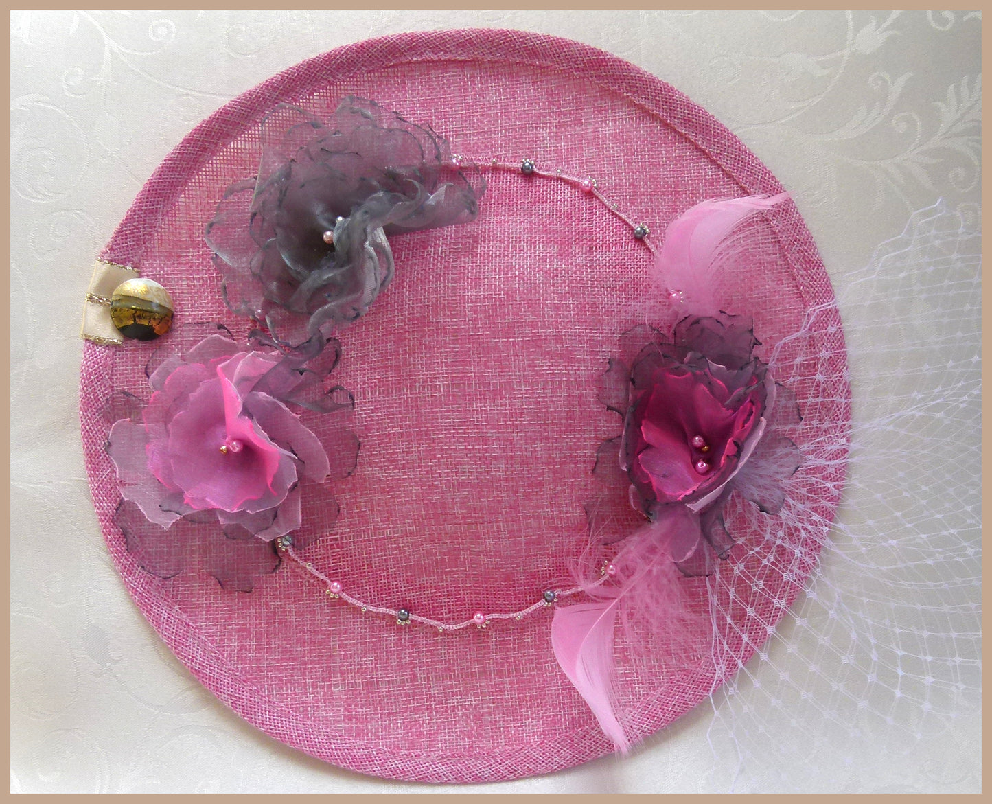 Pink Hatinator with Pink and Grey Flowers and White Veiling