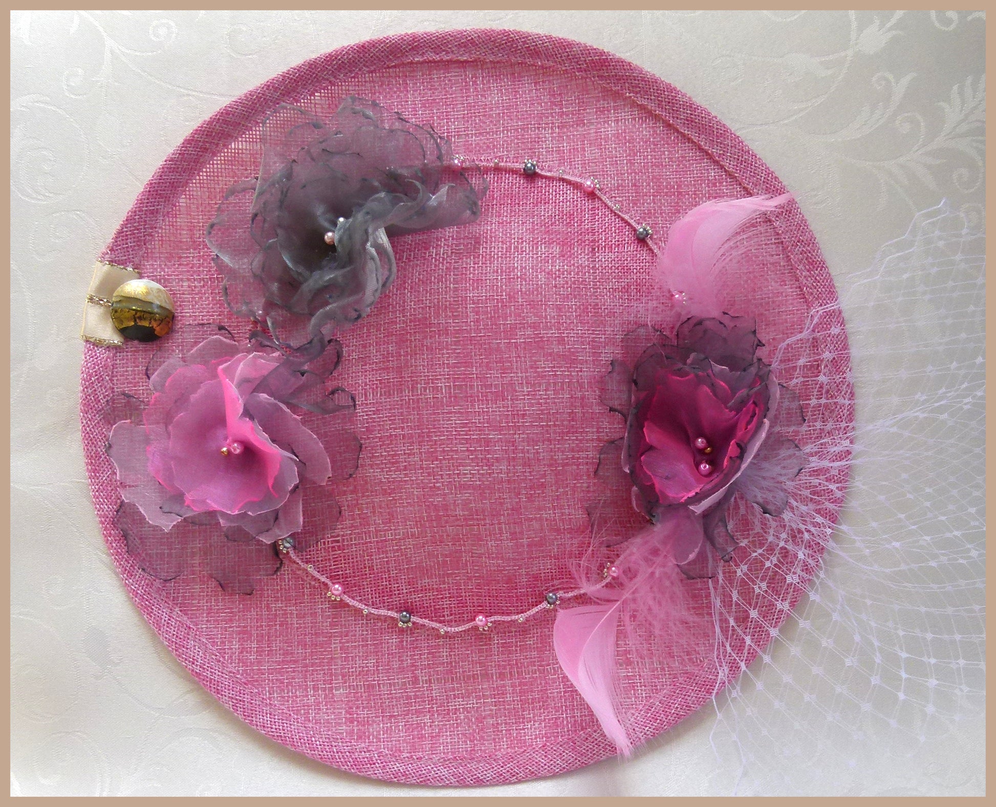 Pink Hatinator with Pink and Grey Flowers and White Veiling